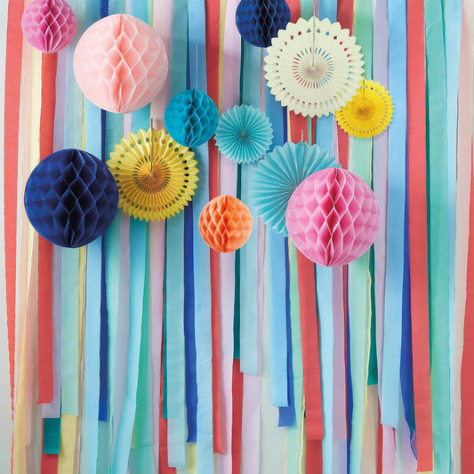 Multicoloured Streamer Backdrop with Honeycombs and Fans
