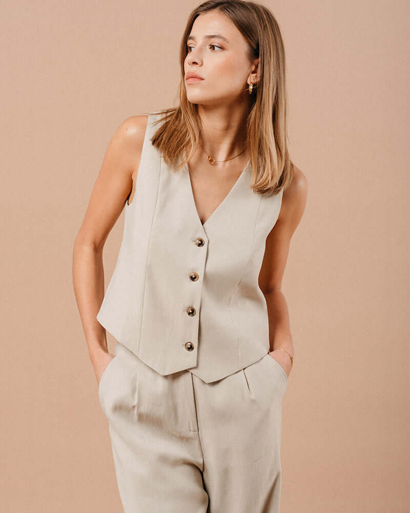 Grace & Mila - Mathieu Beige V Neck Waistcoat