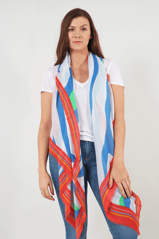 Blue Zebra Print Scarf With Colourblock Border