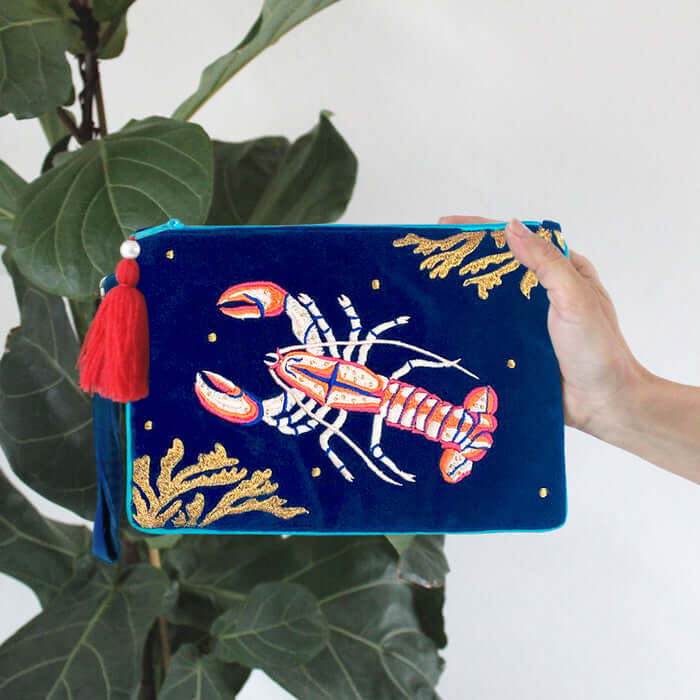 Embroidered Lobster Clutch Bag