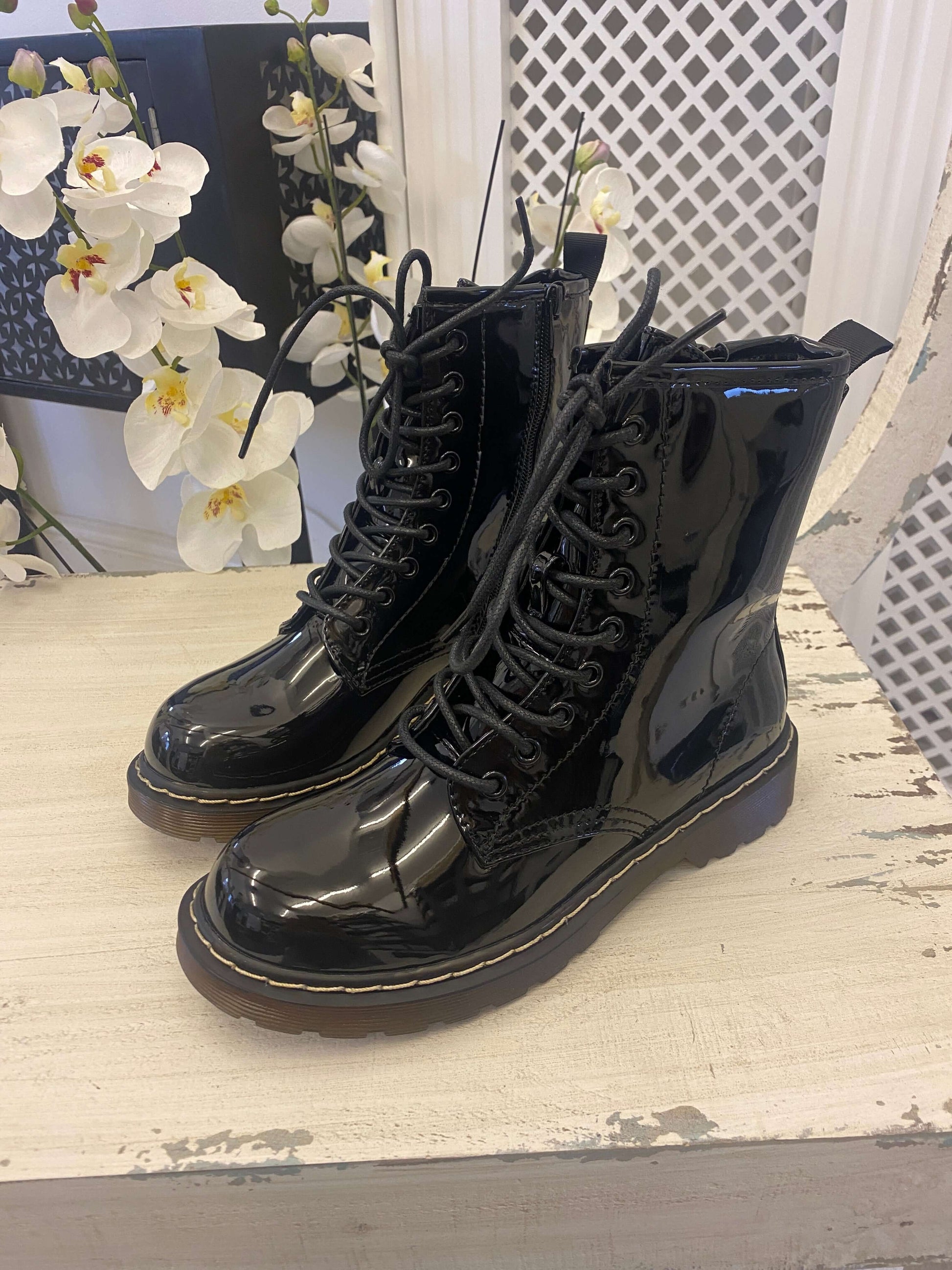 Black Patent Chunky Ladies Boots