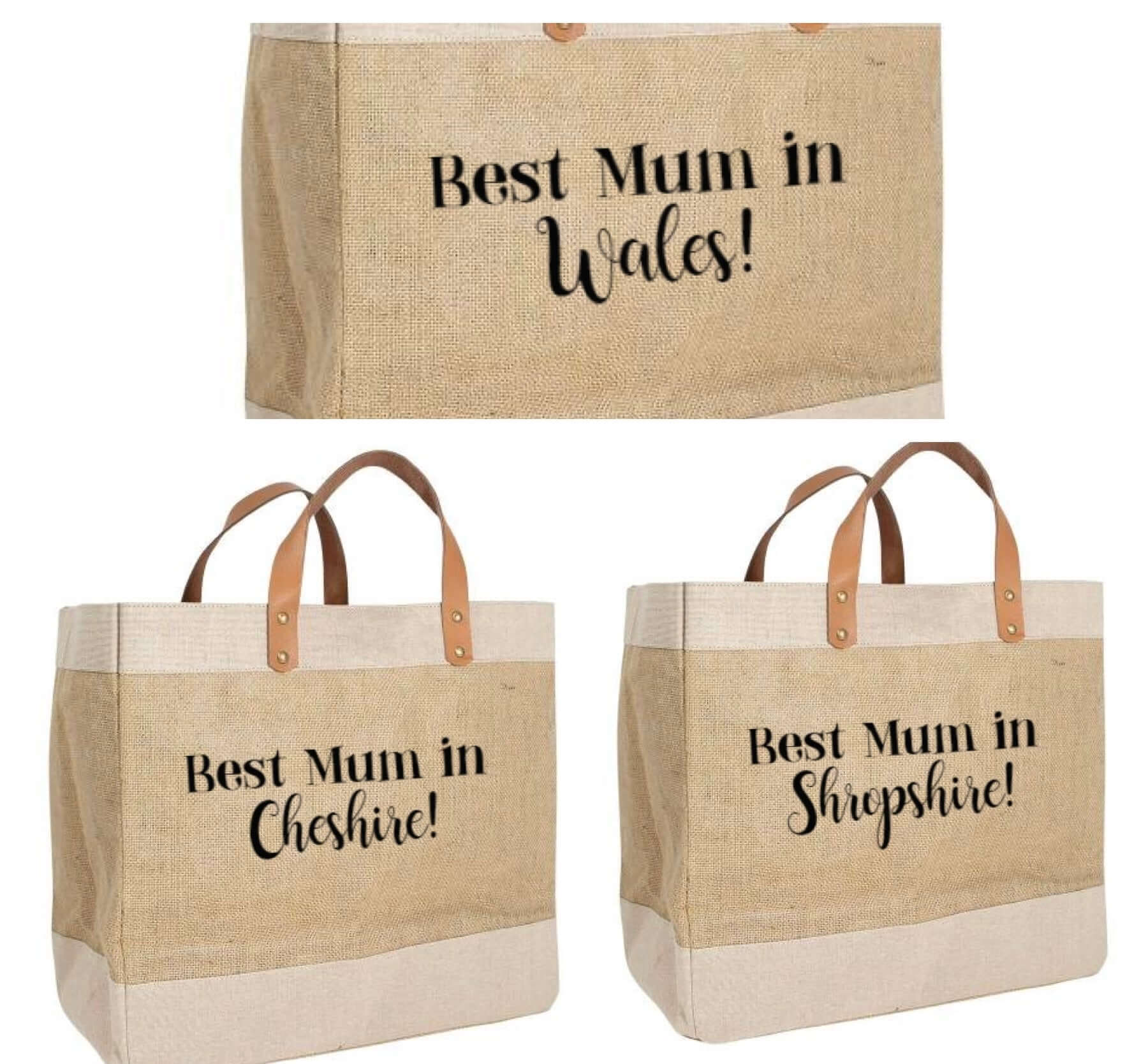 'Best Mum in ...' Luxury Jute Bag with leather handles