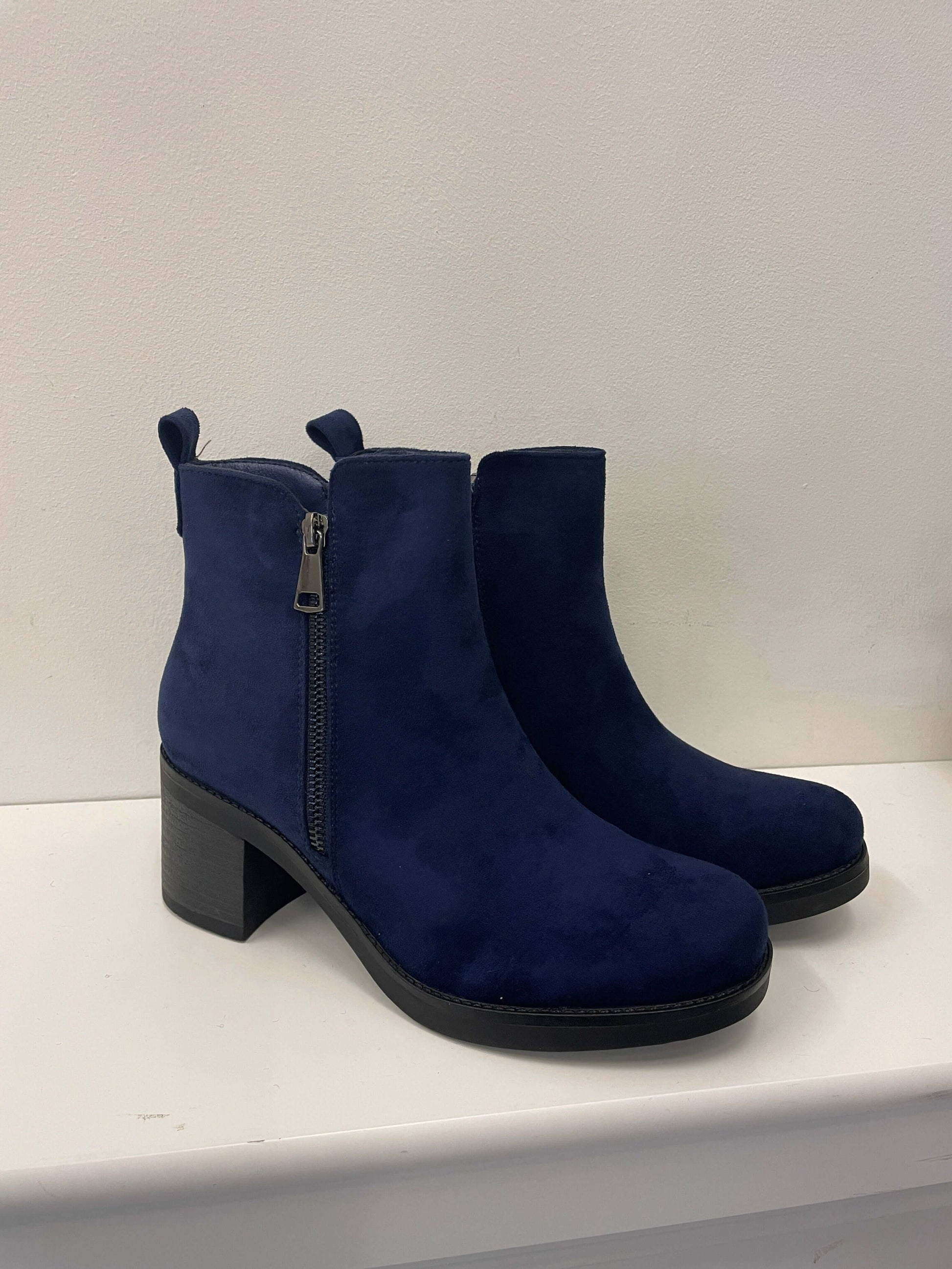 Faux Suede Zip Detail Navy Ankle Boot