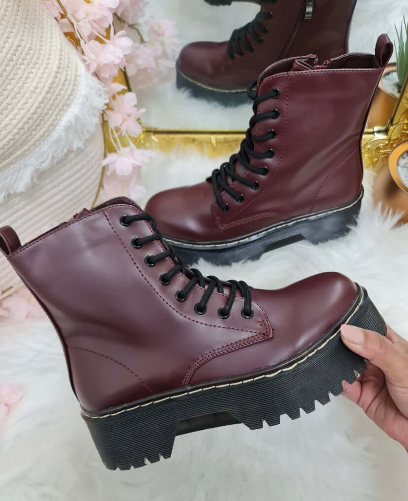 Wine Lace Up Chunky Boots