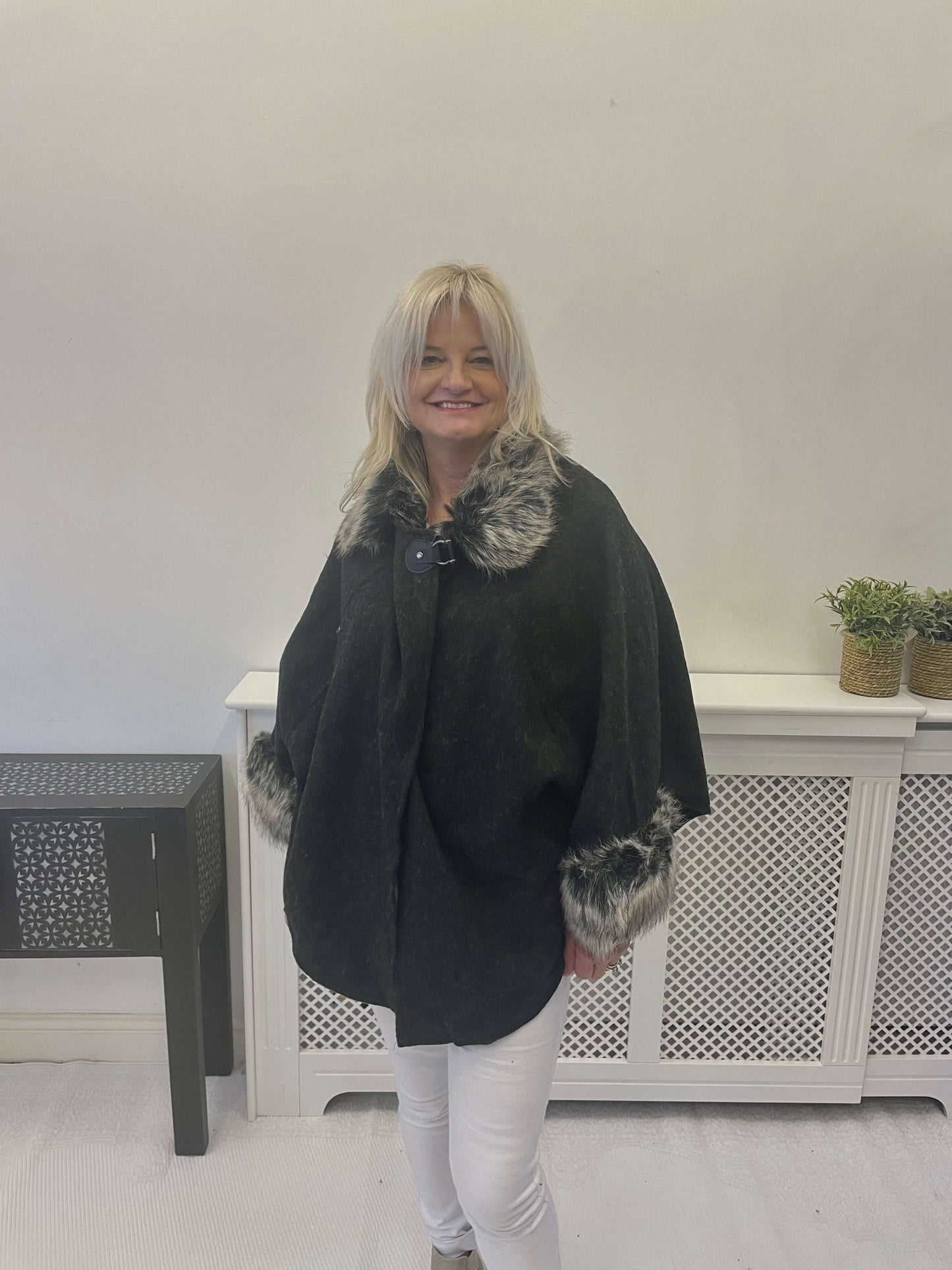 Wooly Faux Fur Poncho with Cuff Sleeves