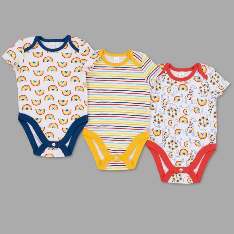 Baby Unisex Rainbow Animals Organic Cotton 3 Pack Bodysuits