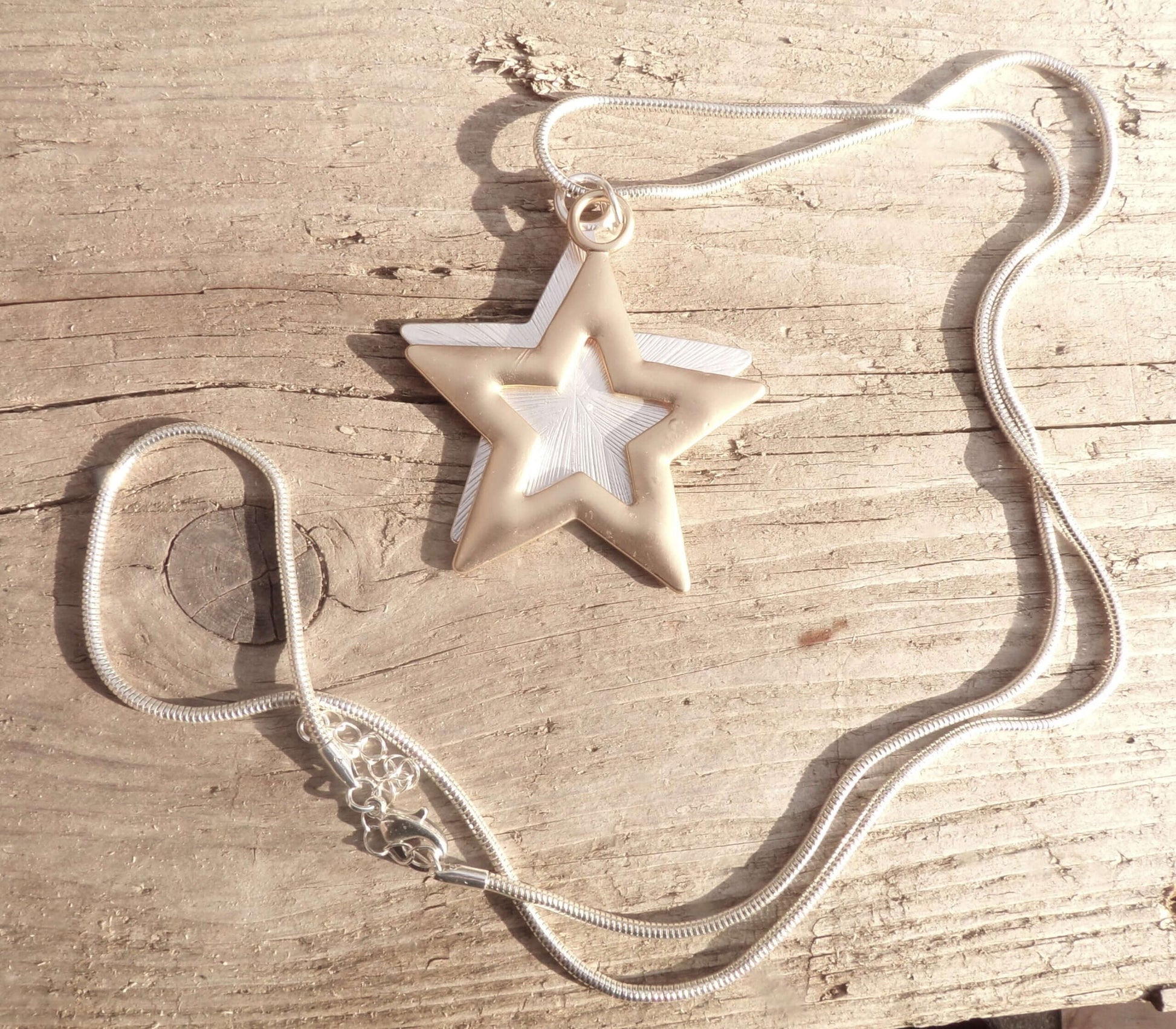 Double Star Long Pendant Necklace in Gold and Silver Mix