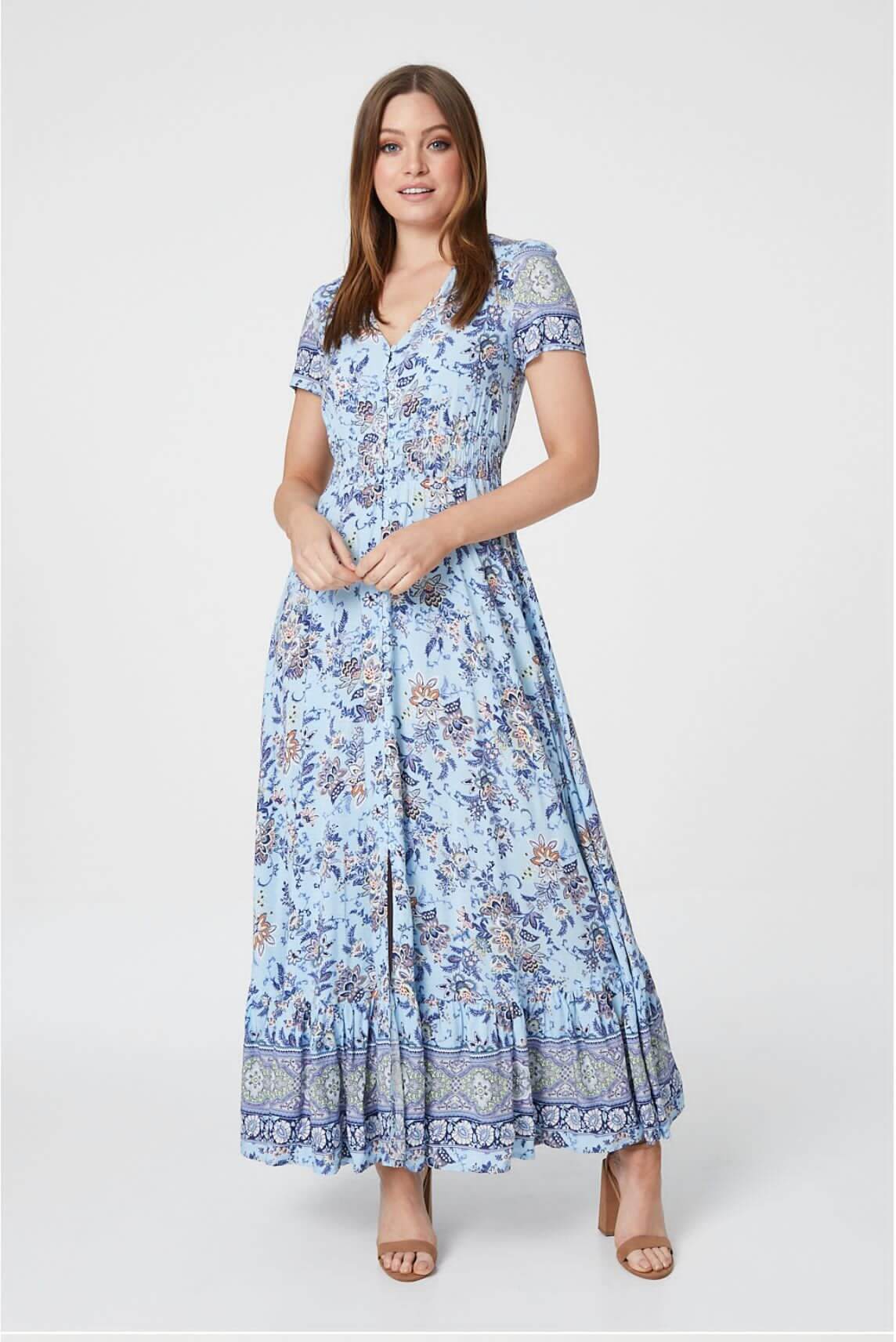 Martella Blue Floral Short Sleeve Maxi Dress