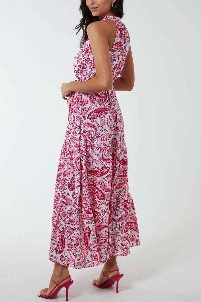 Pink Halterneck Paisley Print Maxi Dress