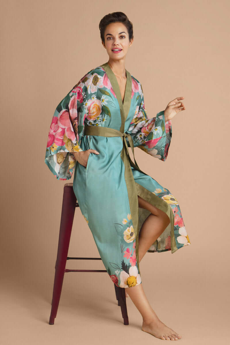 Powder Design Impressionist Floral Kimono Gown - Teal