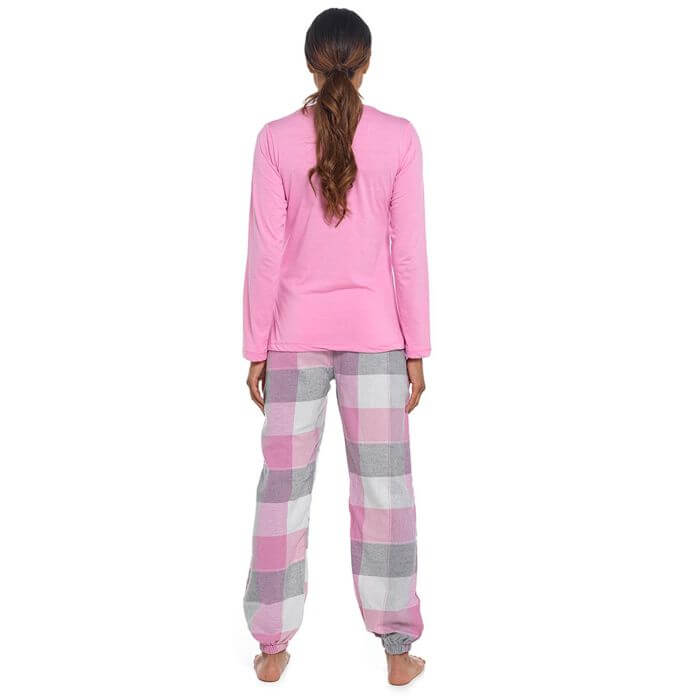 Ladies Pink Check Cuffed Pant Pyjamas In A Bag
