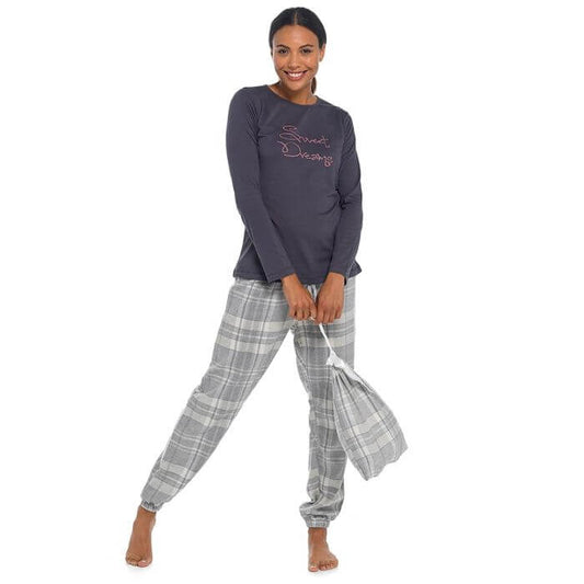 Ladies Grey Check Cuffed Pant Pyjamas In A Bag