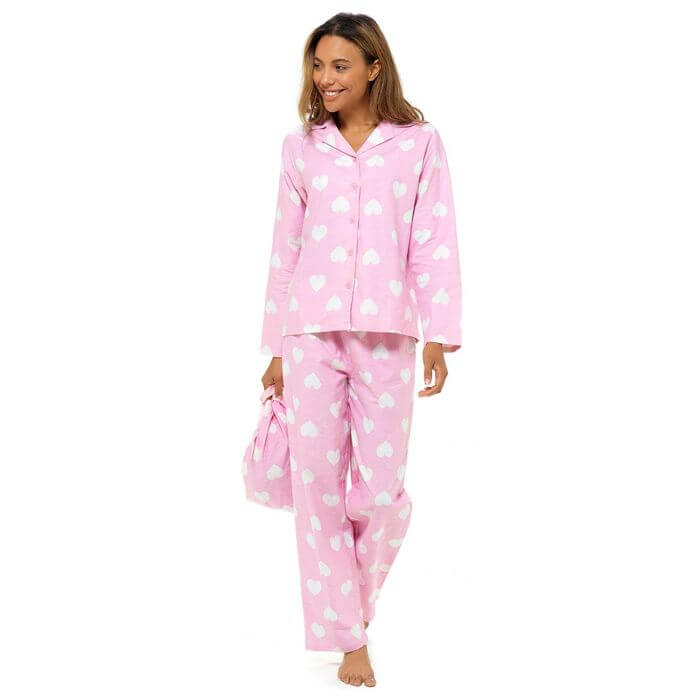 Ladies Heart Button Cosy Pyjamas In A Bag - Pink